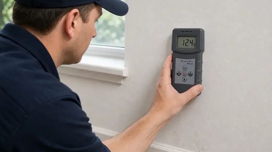 Technician checking a wall with a handheld moisture meter