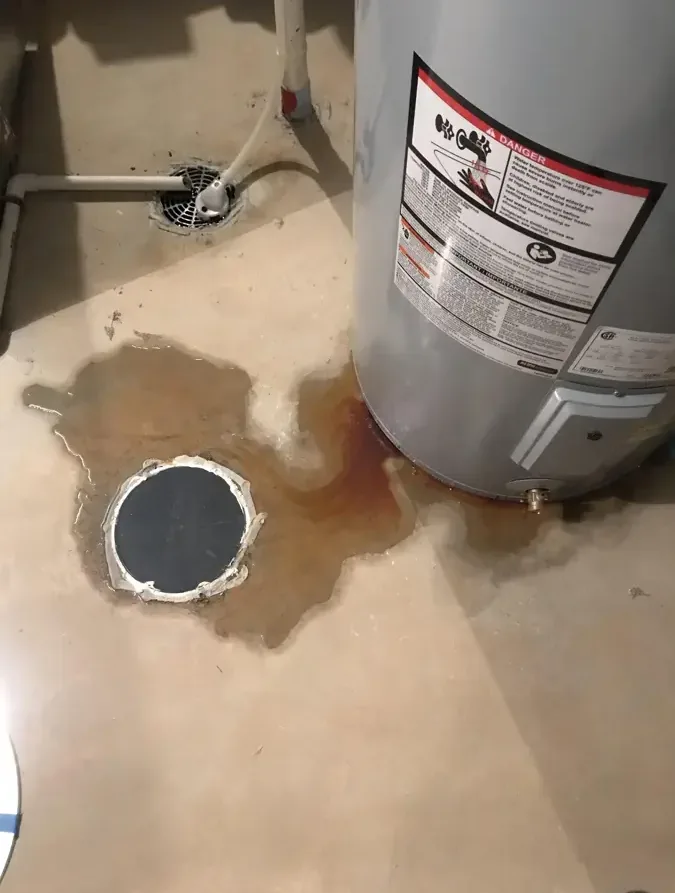 Pooled water beside a water heater and nearby floor drain