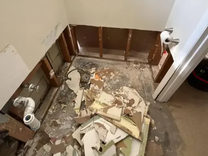 Bathroom framing exposed after removal of affected finishes