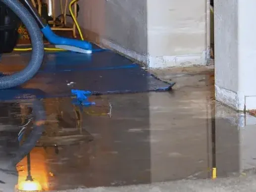 Extraction hoses crossing floodwater through an interior doorway