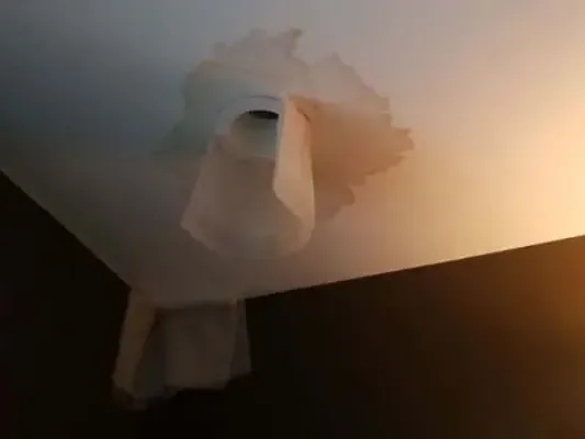 Ceiling light surrounded by peeling paint and brown water stain