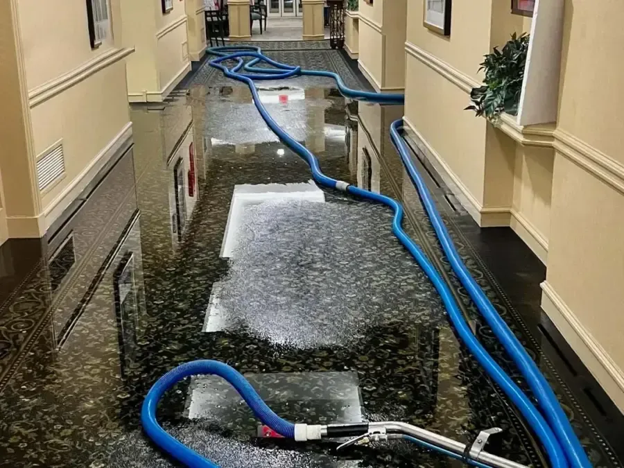 Extraction hoses laid through standing water in an apartment corridor