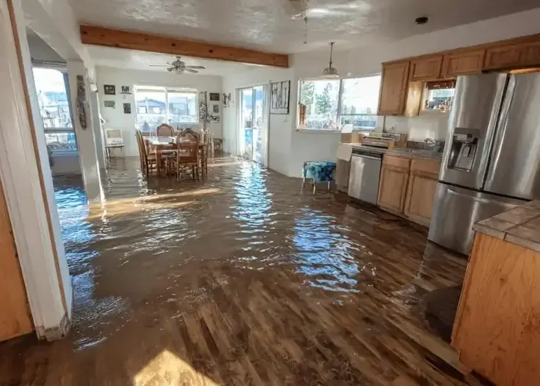 Water covering the floor between a kitchen and living room
