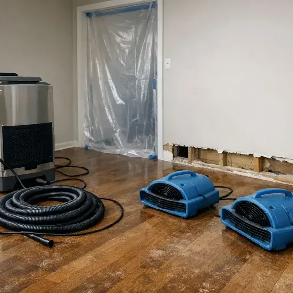Dehumidifier and blue air movers on wood flooring beside plastic containment