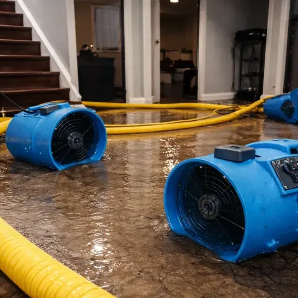 Blue air movers beside yellow hoses on a wet floor near stairs