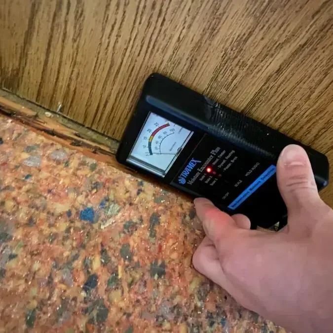Handheld moisture meter pressed against wood beside exposed carpet padding