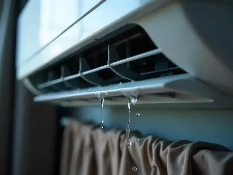 Water dripping from the lower edge of a wall-mounted air conditioner