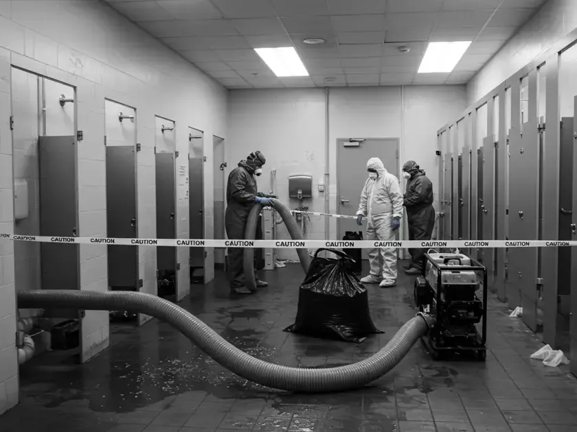 Cleanup crew and recovery hoses inside a commercial restroom