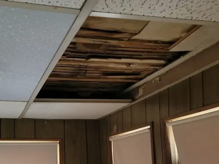Ceiling finish damaged by water entering from above
