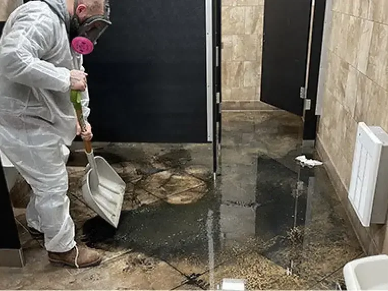 Worker in coveralls and a respirator removing wastewater from a restroom