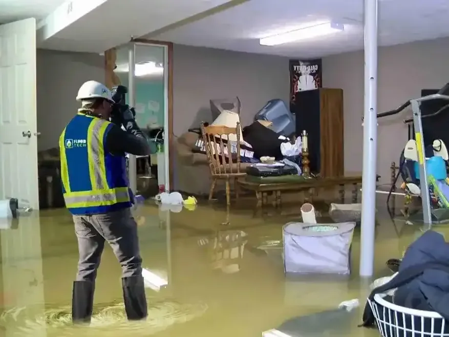 Worker standing in floodwater inside an affected room