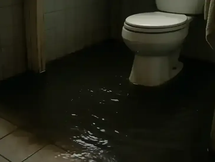 Standing water across a bathroom floor beside a toilet